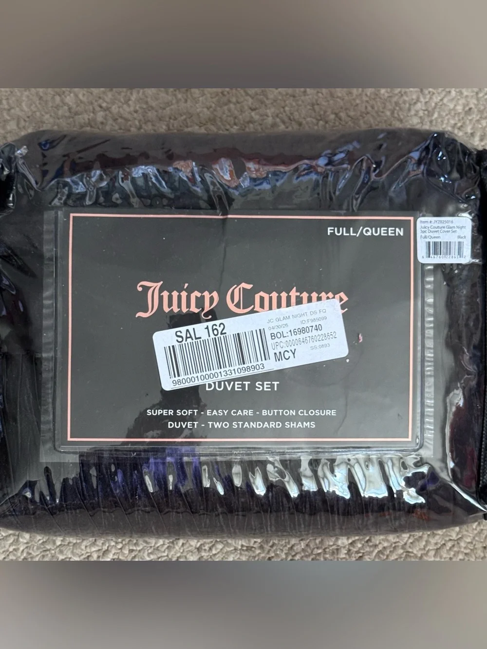 New Juicy Couture Black Full Queen Duvet Two Sham Set 90 x 90